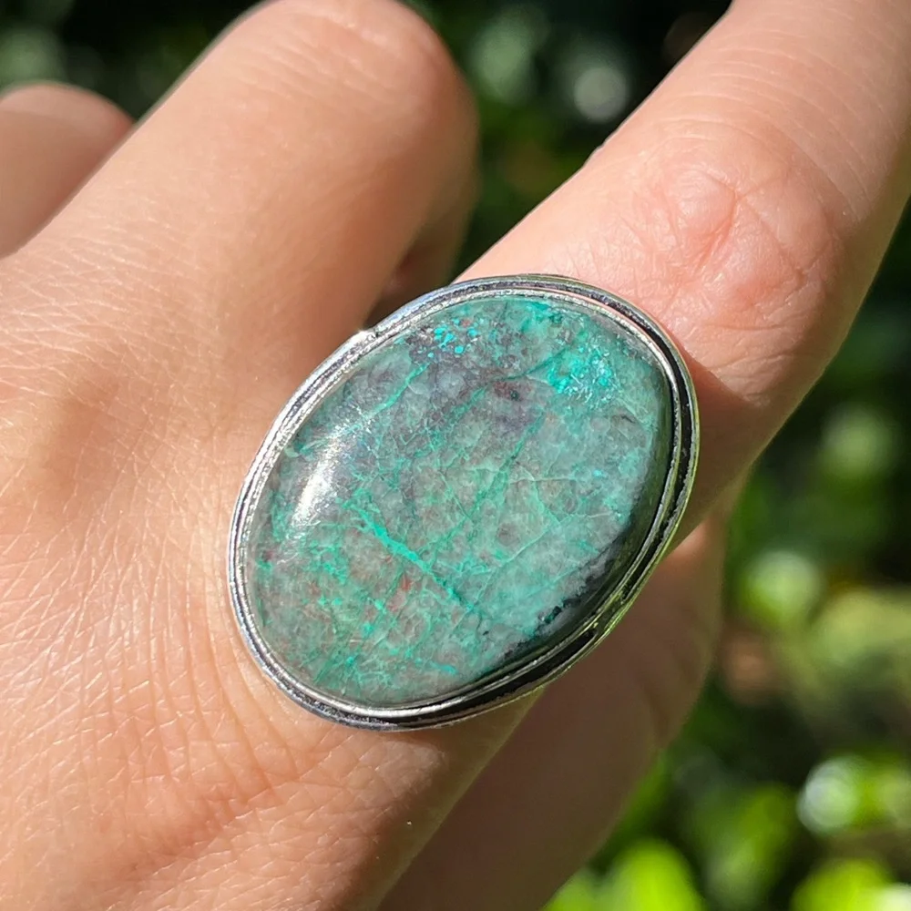 Size 9.5 925‎ silver plated Chrysocolla ring oval shape